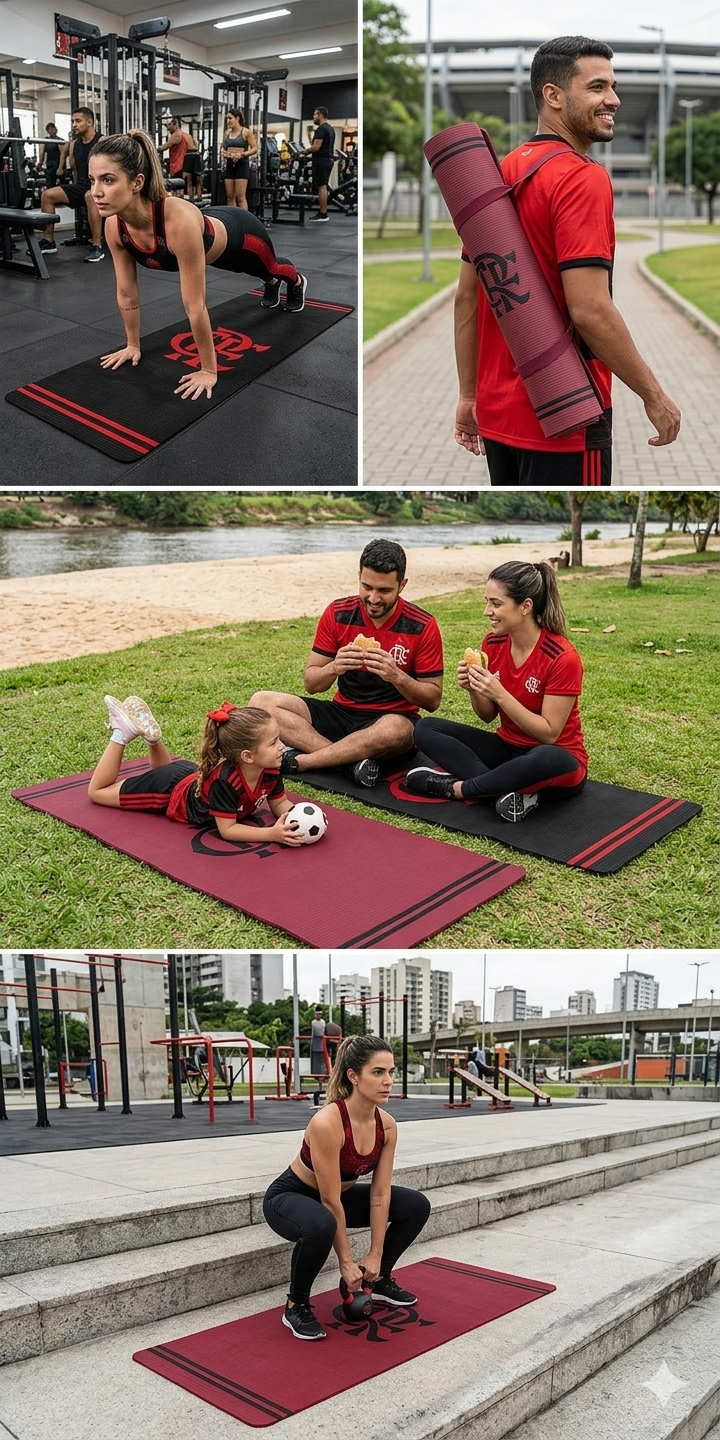 Torcedora em prática de yoga sobre o tapete oficial Flamengo