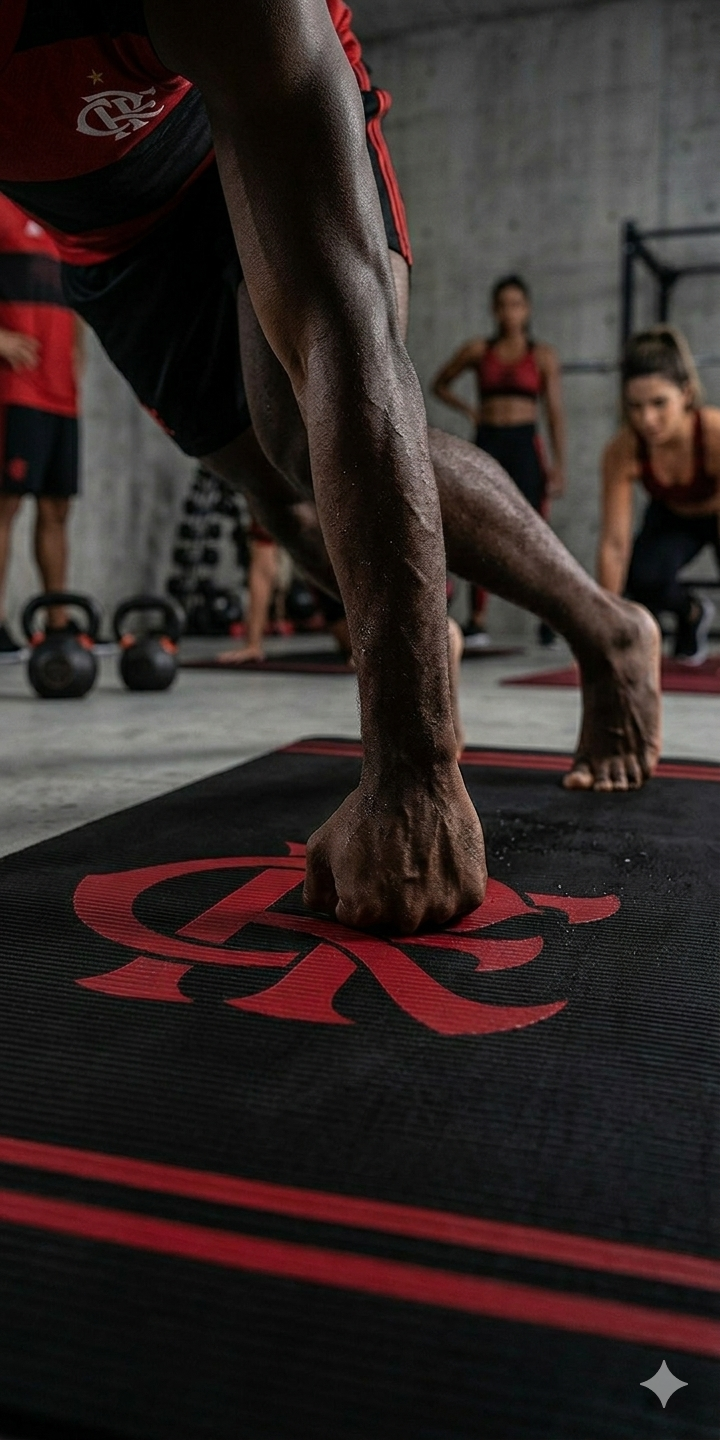 Atletas do Flamengo em sessão de mobilidade sobre os tapetes oficiais